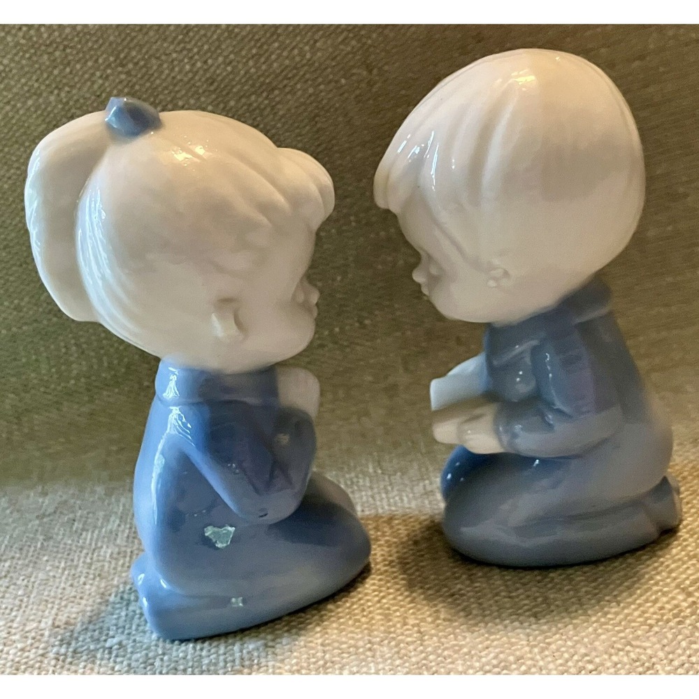 Vintage Porcelain Praying Boy and Girl Figurines Blue White Made in Japan Set 2